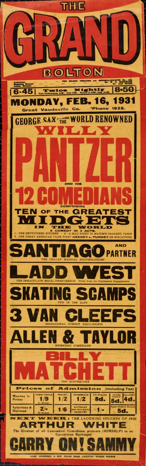 Playbill for The Grand Theatre, Bolton. February 16, 1931