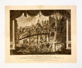 Representation of one of the Scenes in the grand Equestrian Pedestrian Spectacle called The Blood Red Knight, or The Fatal Bridge, as now performing with unbounded applause at The Royal Amphitheatre, Astley's Westminster Bridge