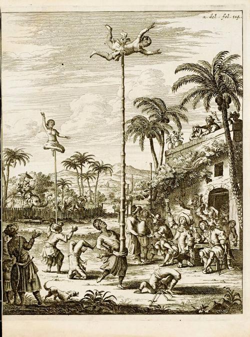 Scene with performers balancing atop poles
