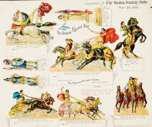 Paper cutout sheet of THe Roman Chariot Race from The Boston Sunday Globe