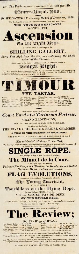 Playbill, Thetre-Royal, Hull. December 6, 1820.
