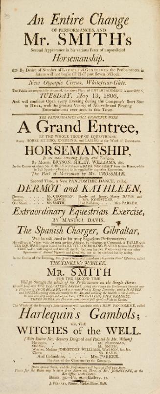 Playbill, New Olympic Circus, Whitefriar-Gate, Hull. May 13, 1806.
