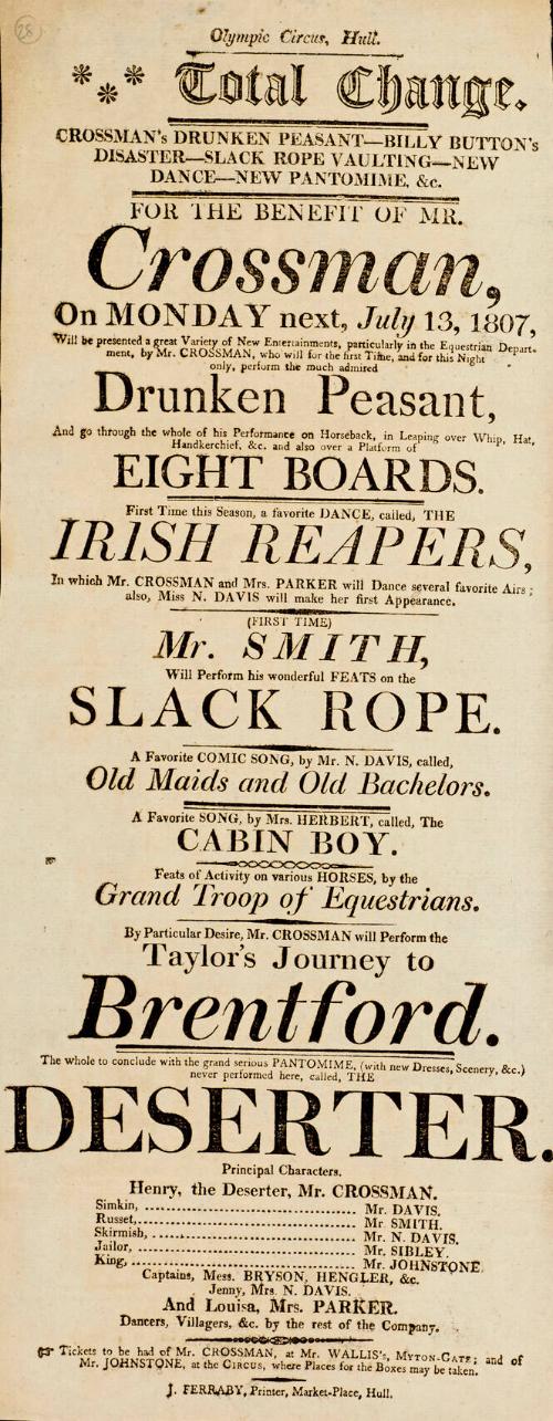 Playbill, Olympic Circus, Hull. July 13, 1807