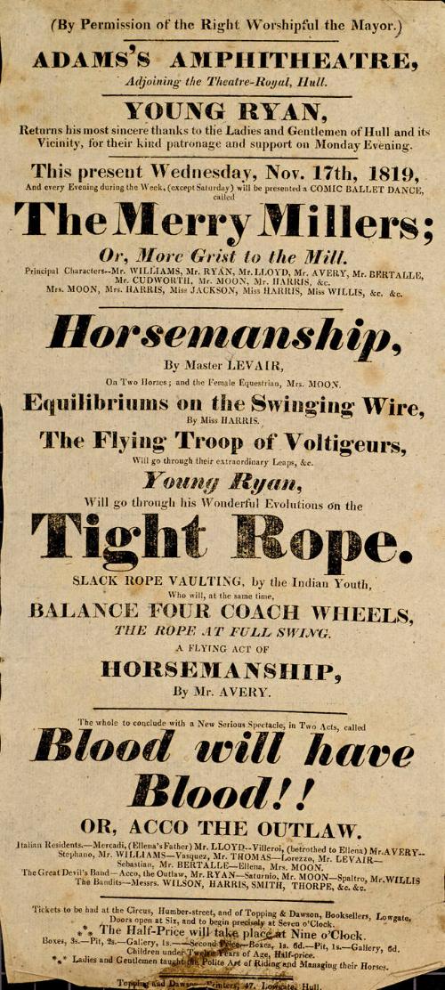 Playbill, Adam's Amphitheatre, Hull. November 17, 1819.