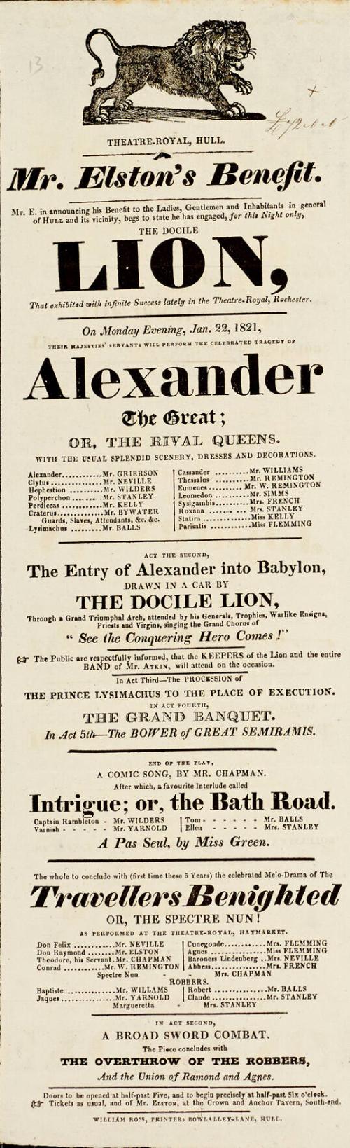 Playbill, Theatre-Royal, Hull. January 22, 1821.