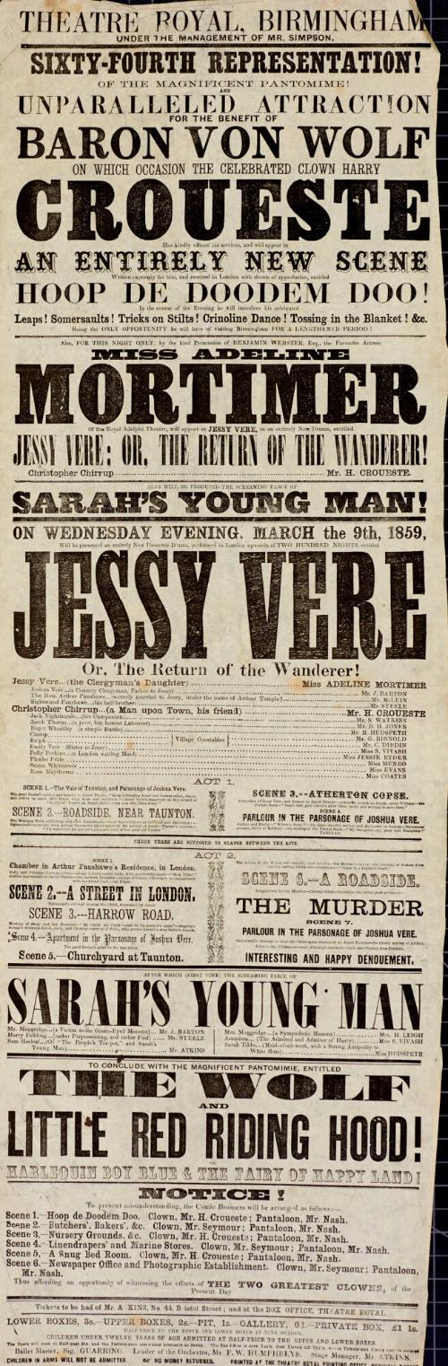 Playbill, Theatre Royal, Birmingham. March 9, 1859