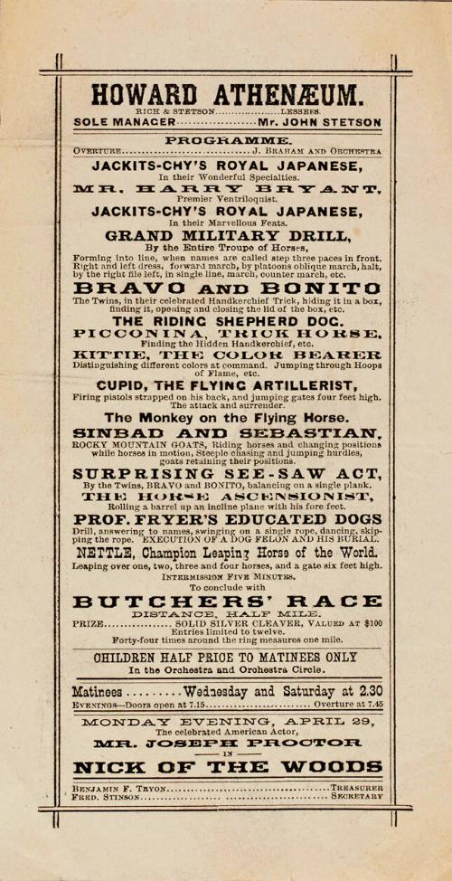 Handbill program for the Howard Athenaeum, Boston MA, USA