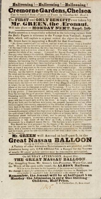 Handbill for Cremorne Gardens, September 1, 1845