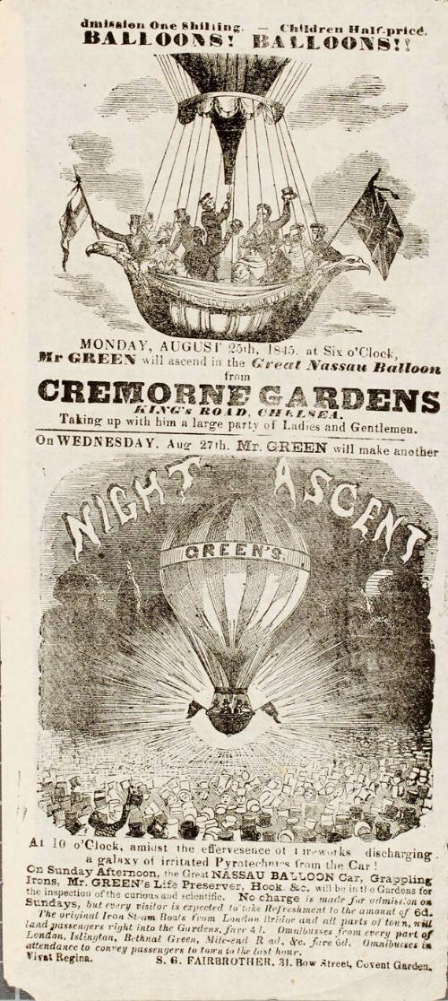 Handbill for Cremorne Gardens, London. August 25, 1845.