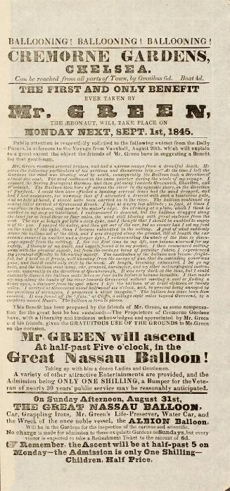 Handbill for Cremorne Gardens, London. September 1, 1845