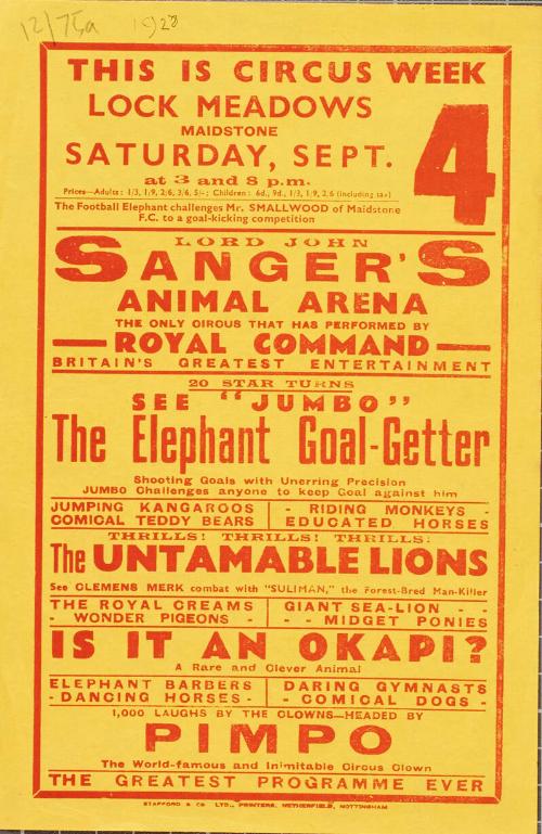Handbill for Sanger's Animal Arena, Lock Meadows, Maidstone, England. 1920's