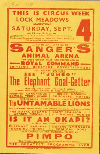 Handbill for Sanger's Animal Arena, Lock Meadows, Maidstone, England. 1920's