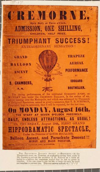 Handbill for Cremorne Gardens Balloon Ascent, August 16, 1852 (?)