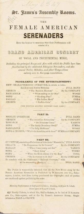 Handbill Program for St. James Assembly Rooms, The Female American Serenaders. May 6, 1847