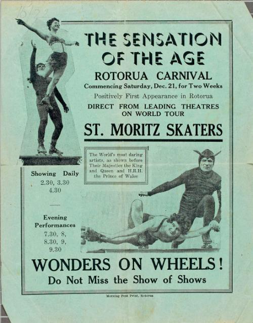 Handbill for the St. Moritz Skaters, Rotorua Carnival, December 21, 1936.