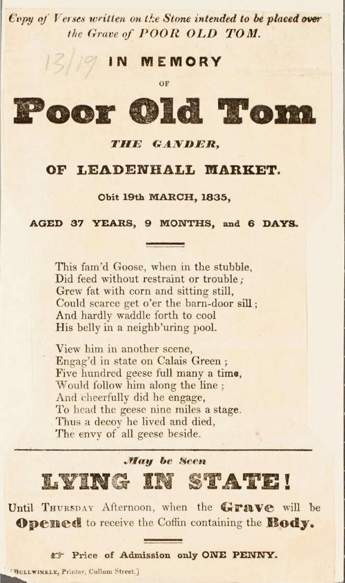 Satirical Handbill for an exhibition of a dead goose, London ; c. 1835