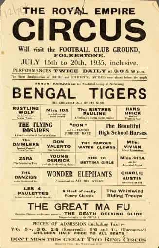 Handbill for The Royal Empire Circus, Folkestone, July 15-20, 1935.