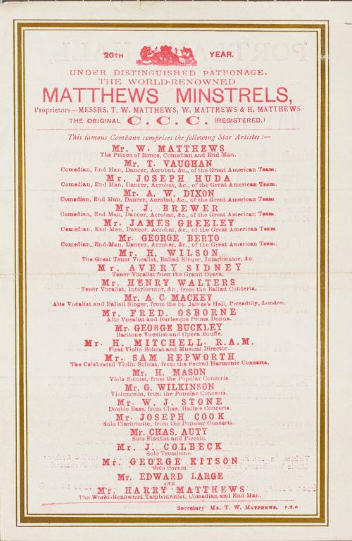 Handbill for Portland Hall, Southsea. March 19-24, 1883