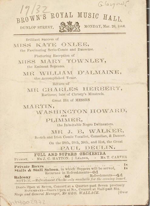 Advertising Card for Brown's Roayl Music Hall, Glasgow. March 26, 1866.