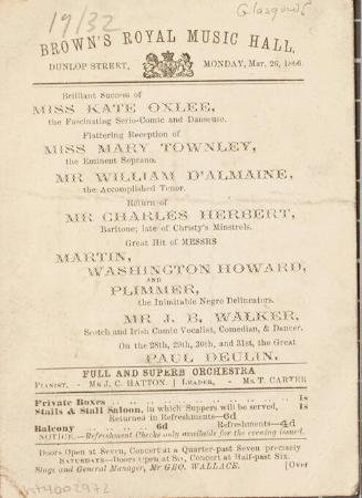 Advertising Card for Brown's Roayl Music Hall, Glasgow. March 26, 1866.