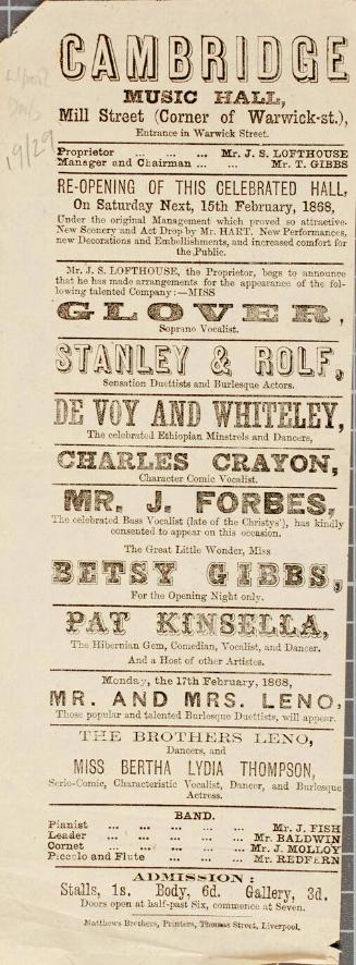 Handbill for Cambridge Music Hall, Liverpool, February 15, 1868