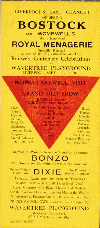 Handbill for Bostock and Wombwell's Royal Menagerie, Wavertree Playground, Liverpool. September 13-20, c. 1930