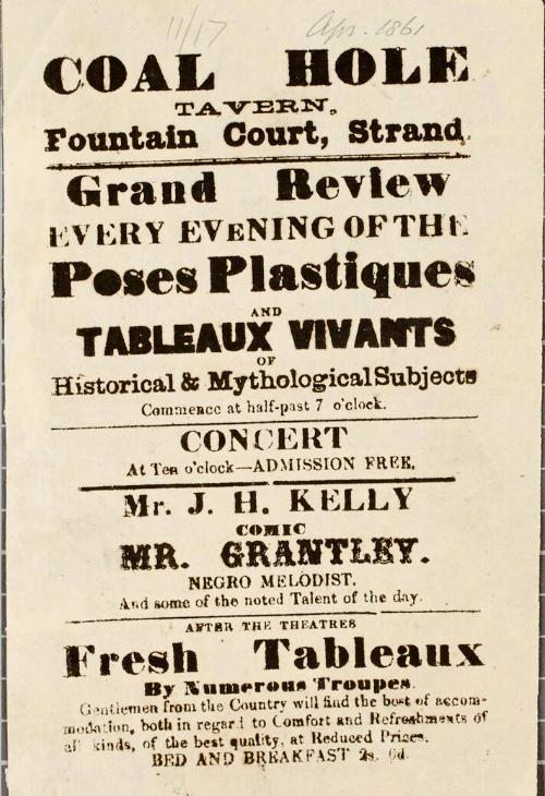 Handbill for Poses Plastiques and Tableaux Vivants at Coal Hole Tavern, London, April 1861