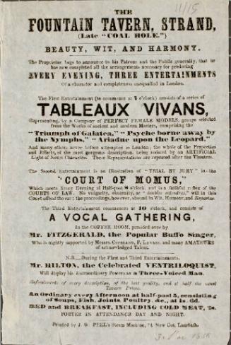 Handbill for Tableaux Vivants at The Fountain Tavern, Strand. March 3, 1858.