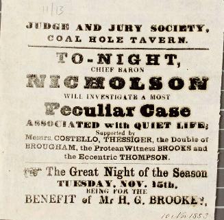 Handbill for Judge and Jury Society at Coal Hole Tavern, November 10, 1853