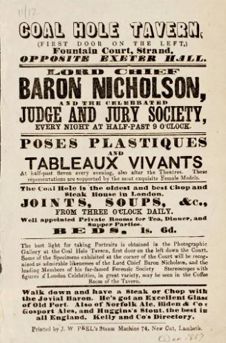 Handbill for The Coal Hole Tavern, London. December 1857