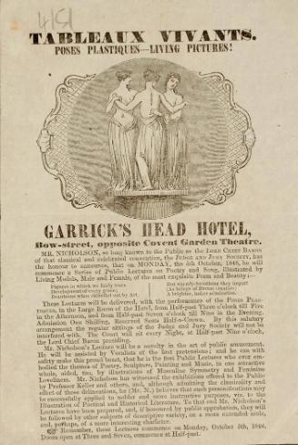 Handbill for Tableaux Vivants at Garrick's Head Hotel, London, October 5, 1846.
