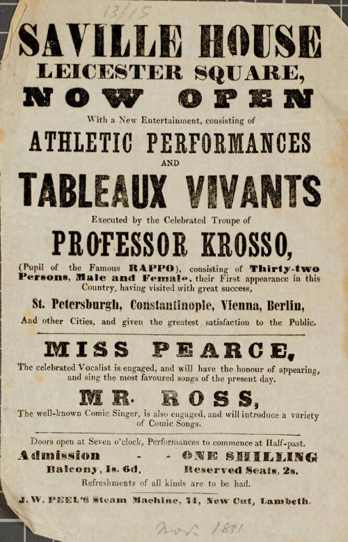 Handbill for Tableaux Vivants, Saville House, November 1831