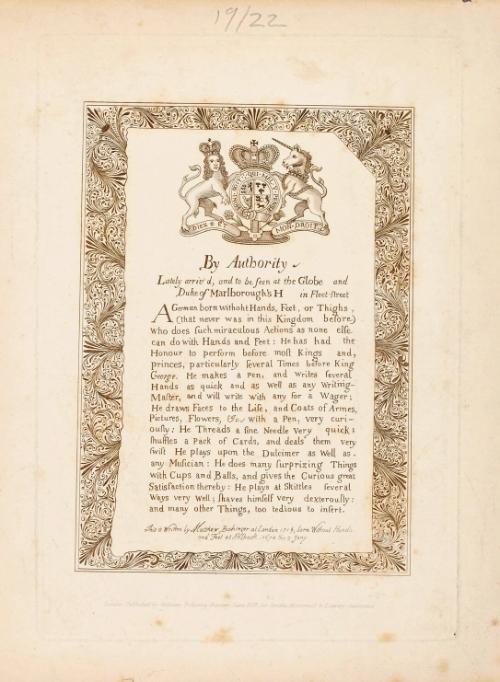 Re-print of an announcement that Matthew Buchinger will appear at Duke of Marlborough's H