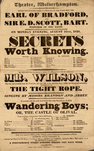 Handbill for Theatre, Wolverhampton. August 16, 1830