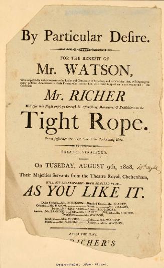 Handbill for Theatre Royal, Cheltenham. August 9, 1808