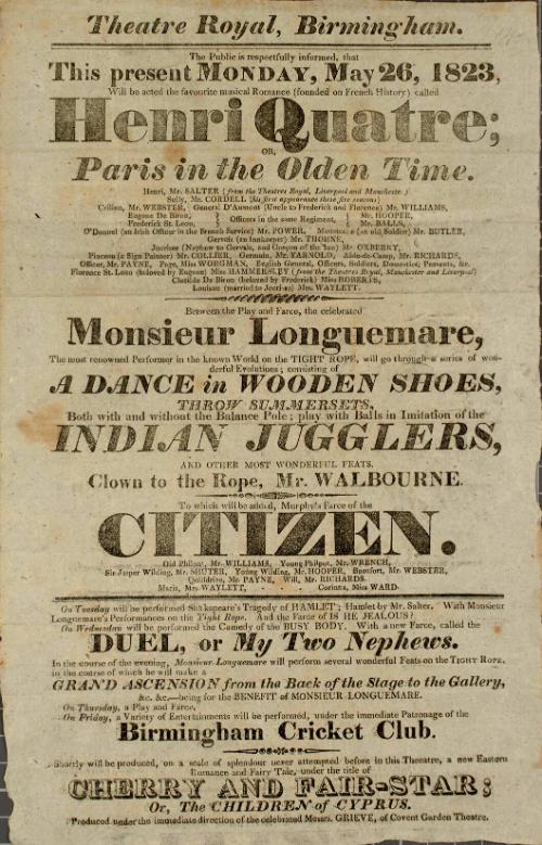 Handbill for Theatre Royal, Birmingham. May 26, 1823