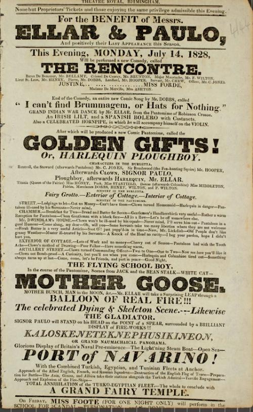 Handbill for Theatre Royal, Birmingham. July 14, 1828.
