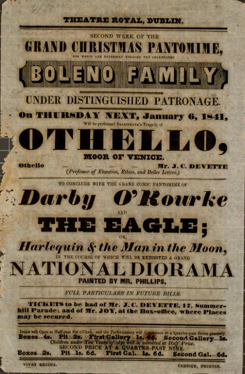 Handbill for Theatre Royal, Dublin. January 6, 1841