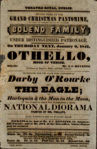 Handbill for Theatre Royal, Dublin. January 6, 1841
