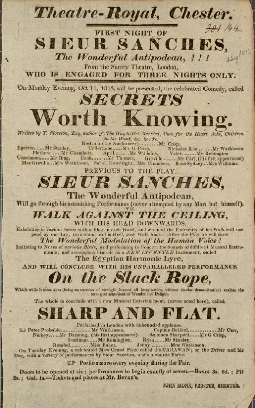 Handbill for Theatre-Royal, Chester. October 11, 1813