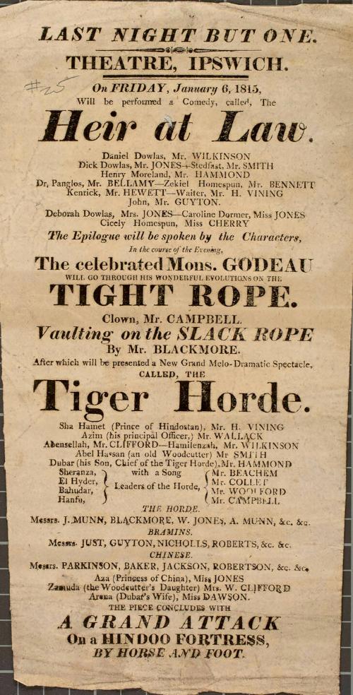 Handbill for The Theatre, Ipswich. January 6, 1815.