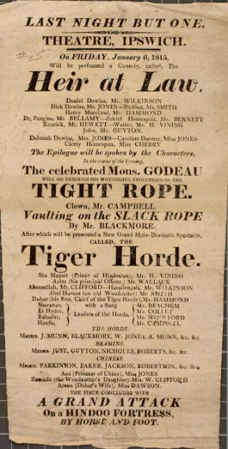Handbill for The Theatre, Ipswich. January 6, 1815.