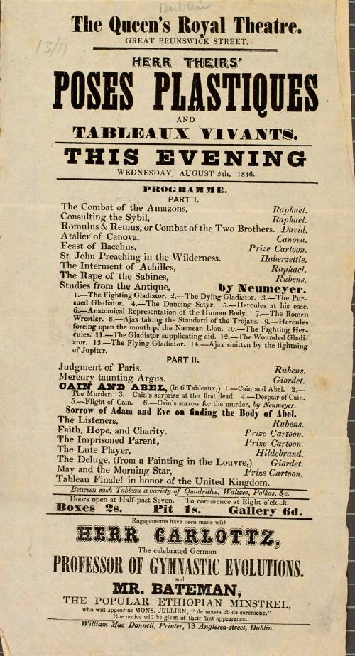Handbill for The Queen's Royal Theatre, Dublin, August 5, 1846.