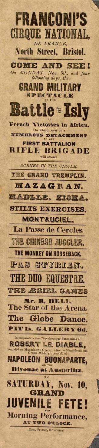Handbill for Franconi'sCirque National de France in Bristol, England, November 5, year unknown