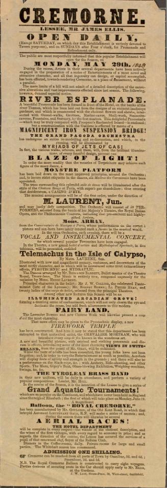 Handbill for Cremorne, London, May 29, 1848.