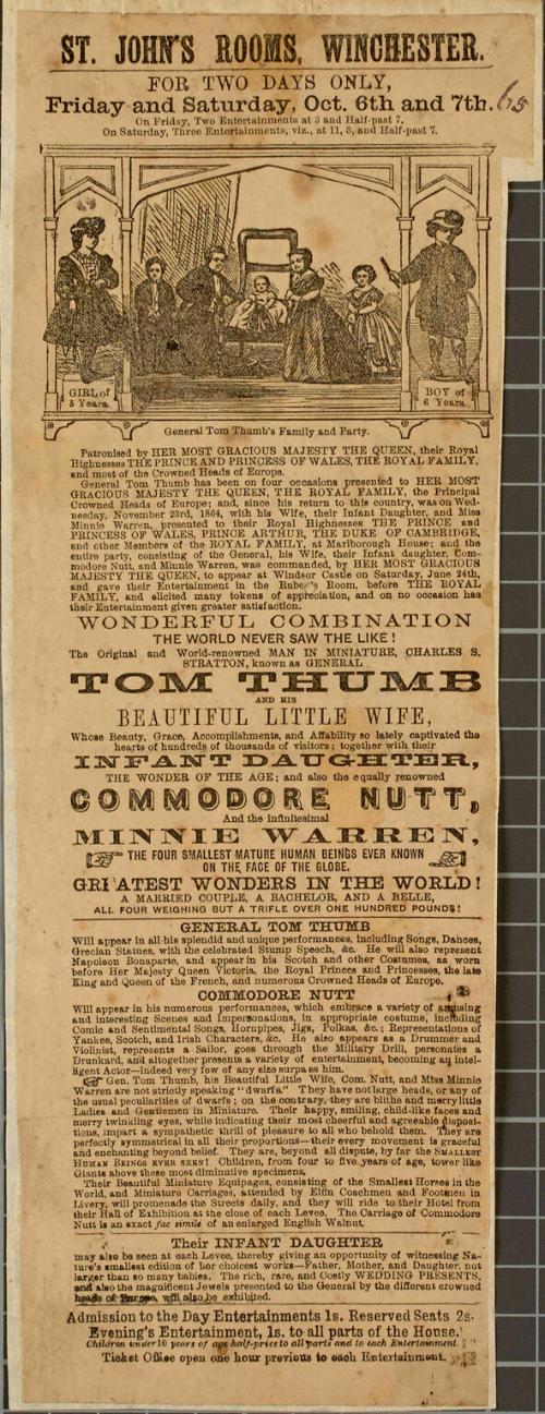 Handbill for the appearance of Tom Thumb at the St. John's Rooms, Winchester. October 6-7, 1865