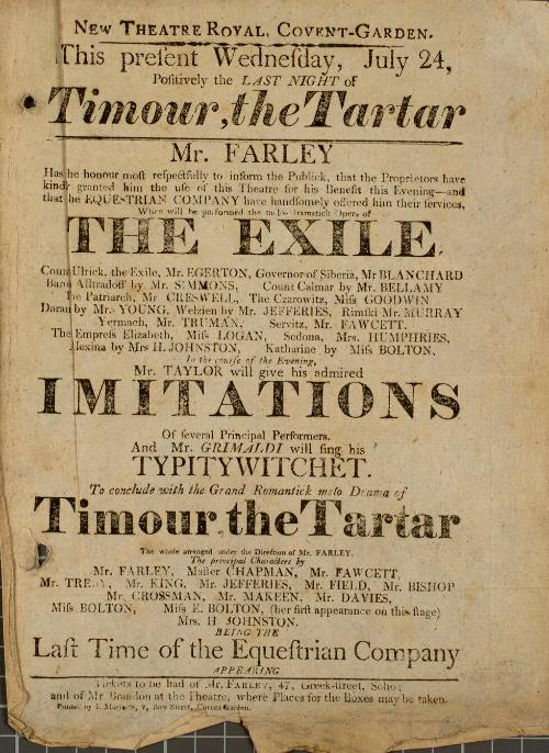 Handbill for Theatre-Royal Covent Garden, London, July 24, 1805(?)