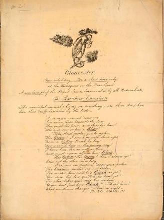 Handwritten handbill for an exhibition of The Rainbow Camelon in Gloucester