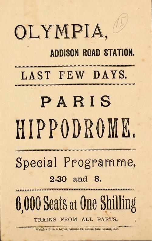 Handbill for the Paris Hippodrome event at Olympia, London, 1886-1887