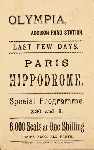Handbill for the Paris Hippodrome event at Olympia, London, 1886-1887